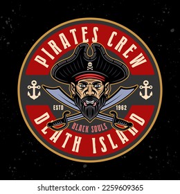 Pirates vector round emblem with men head and two crossed sabers. Illustration in colorful style on dark background