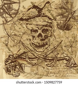 Pirates. Vintage image with Jolly Roger, sailing ship and treasure with gold coins on grunge texture background with text background.