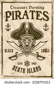 Pirates Vintage Poster mit Männern Kopf in Hut und gekreuzte Kabinen Vektorgrafik für Einladung auf Veranstaltung. Ebenen, separate Grunge-Texturen und Text