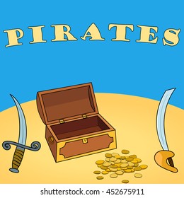 Pirates wallpaper with chest, dagger, sword, coin. Vector illustration