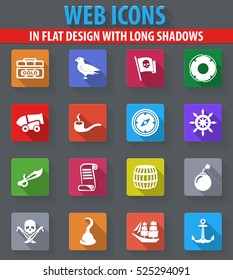 Pirates web icons in flat design with long shadows