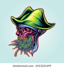 Pirates whimsy cannabis leaf skull delight vector illustrations for your work logo, merchandise t-shirt, stickers and label designs, poster, greeting cards advertising business company or brands