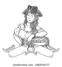 pirates woman with barrel engraved hand drawing