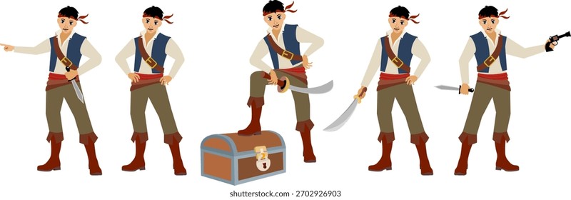 Piratas.  El joven pirata se encuentra en diferentes poses. Aventura pirata. Aislado.