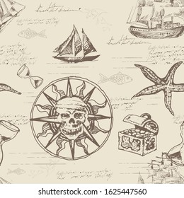 Pirates.Vector abstract seamless pattern on the theme of travel, adventure and discovery. Old manuscript with jolly roger, ships and other nautical symbols in vintage style