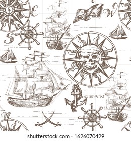 Pirates.Vector abstract seamless pattern on the theme of travel, adventure and discovery with nautical symbols.