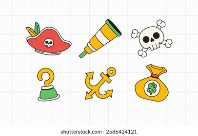 Pirate-themed icons including a hat, spyglass, skull, and treasure bag, symbolizing adventure and treasure hunting, designed in a colorful and playful style, ideal for games and storytelling themes