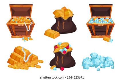 Piratic Chests and Sack With Treasures Vector Set