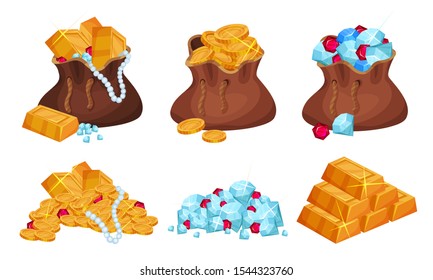 Piratic Chests and Sack With Treasures Vector Set