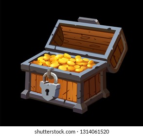 Piratic trunk chests with gold coins treasures. . Vector illustration. Catyoon style, isolated.