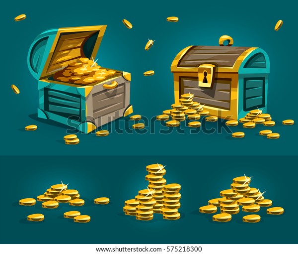 海賊のトランクスは古い箱の中に金貨の宝物を入れて箱に入れる 古代の海賊を開け閉めして保管するお金 ベクターイラスト のベクター画像素材 ロイヤリティフリー