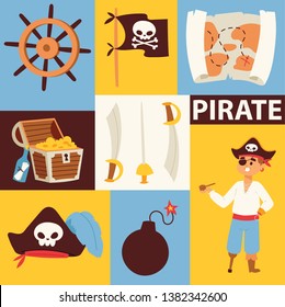 Piratic vector pirating chest and flag skull backdrop pirate character buccaneer man illustration background set of piracy signs wallpaper adventure on island.