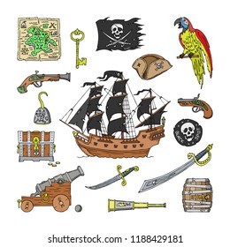 Piratic vector pirating sailboat and parrot character of pirot or buccaneer illustration set of piracy signs hat or sword and ship with black sails isolated on white background