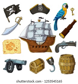 Piratic vector pirating sailboat parrot character of pirot or buccaneer illustration set of piracy signs hat chest sword and ship with black sails isolated on white background