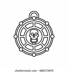 Piratical medallion with skull in outline style isolated on white background vector illustration