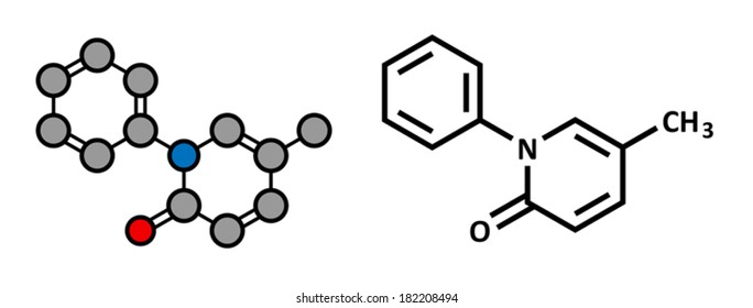 Pirfenidone idiopathic pulmonary fibrosis (IPF) drug molecule. IPF is a rare lung disease. Atoms are represented as circles with conventional color coding: hydrogen (white), carbon (grey), etc