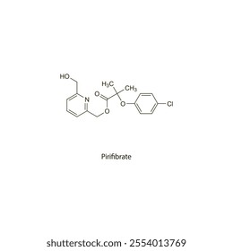 Pirifibrate flat skeletal molecular structure Fibrate drug used in hyperlipidemia treatment. Vector illustration scientific diagram.