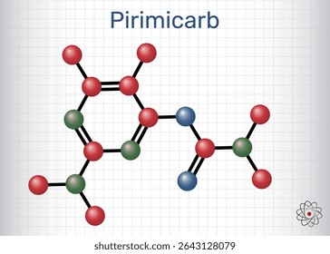 Pirimicarb molecule. Carbamate insecticide used in agriculture to control aphids. Sheet of paper in a cage. Vector illustration