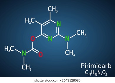 Pirimicarb molecule. Carbamate insecticide used in agriculture to control aphids. Dark blue background. Vector illustration