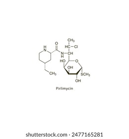 Pirlimycin flat skeletal molecular structure Lincosamide antibiotic drug used in bacterial infection treatment. Vector illustration scientific diagram.