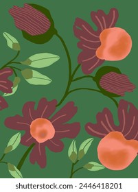 Flores púrpuras con patrones de hojas sobre fondo verde para la marca, impresión de la tela, Fondo de pantalla, publicación de redes sociales, garabato, notas, cubiertas de libro, decoración de la pared.