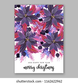 Pirple Poinsettia Christmas Party invitation vector winter floral wreath clipart holiday background fir branch pine cone dog-rose berry lilly
