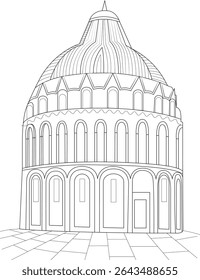 Pisa Baptistery Line Drawing Illustration, Simple black and white line art illustration of the Baptistery of Pisa, located in the Piazza dei Miracoli, Italy. Architectural sketch.