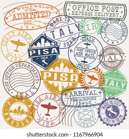 Pisa Italy Stamp Vector Art Postal Passport Travel Design Set Badge.