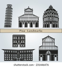 Pisa landmarks and monuments isolated on blue background in editable vector file