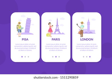 Pisa, Paris, London, Mobile App Page Onboard Screen Set, Website or Web Page Vector Illustration