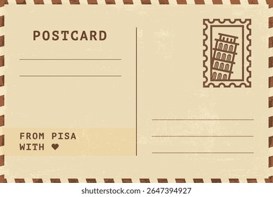 Do modelo de cartão postal de Pisa. Ilustração de cartão postal estilo vintage grungy vetor com selo, torre, marco, mensagem. Layout de imagem simples de saudações simples