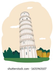 Pisa tower Italy monument. Cartoon version, famous landmark and travel of italy. Vector illustration. Isolated.