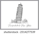 Pisa tower skyline, Italy. Italian landmark. Tower of Pisa simple sketch vector illustration. Illustration in linear style on white background. 