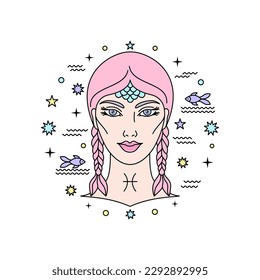 Piscas zodiac sign with female face in linear style. The illustration can be used in your projects related to graphics, web design, illustrations and others.