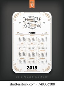 Pisces 2018 year zodiac calendar pocket size vertical layout White color design style vector concept illustration.