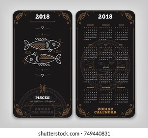Pisces 2018 year zodiac calendar pocket size vertical layout Double side black color design style vector concept illustration