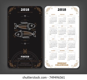 Pisces 2018 year zodiac calendar pocket size vertical layout Double side black and white color design style vector concept illustration