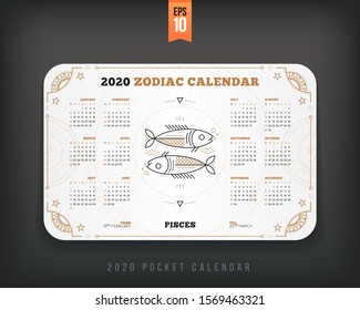 Pisces 2020 year zodiac calendar pocket size horizontal layout White color design style vector concept illustration