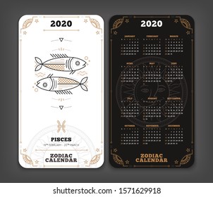 Pisces 2020 year zodiac calendar pocket size vertical layout Double side black and white color design style vector concept illustration