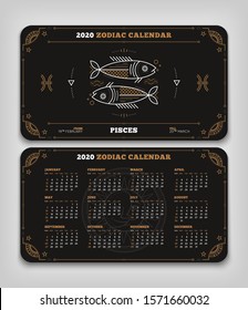 Pisces 2020 year zodiac calendar pocket size horizontal layout Double side black color design style vector concept illustration