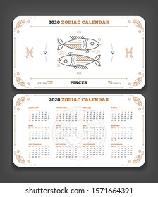 Pisces 2020 year zodiac calendar pocket size horizontal layout Double side white and black color design style vector concept illustration