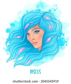 Pissa signo astrológico como una chica hermosa. Ilustración vectorial sobre el fondo de la acuarela aislada en blanco. Contando el futuro, horóscopo. Mujer de moda zodiac set. 