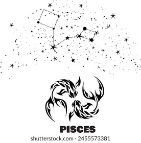 Pisces astrology constellation illustration, black and white