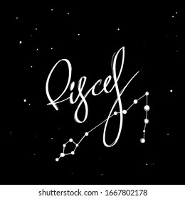 Pisces. Astrology  lettering on brush stroke. collection zodiac sign with Constellation Stars  White  on  Black  Background - Vector modern Graphic Design and drawing art ink illustration. EPS10