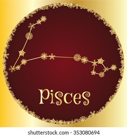 Pisces. Astrology sign. Vector zodiac. Gold snowflakes