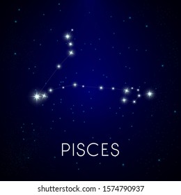 Pisces astrology zodiac constellation, horoscope sign on starry sky with galaxy and space behind vector. Fishes symbol, deep cosmos view. Shining cosmic stars in galaxy or universe, astronomy