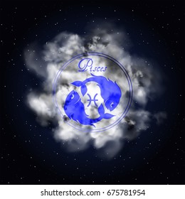 Pisces Astrology zodiac constellation on smoke against a background of a sky full of stars.