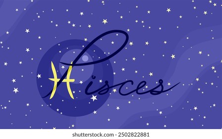 Piscis. Hermosa inscripción. Signo del zodiaco. Sobre un fondo estrellado azul oscuro. Concepto de astrología y horóscopos. Ilustración vectorial.