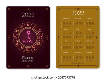 Pisces calendar of pocket size with zodiac sign. 2022 year double sided vertical calendar with Fishes constellation astrological symbol on dark cover, week starts from Sunday