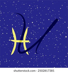 Pisces in combination with the letter U. Zodiac sign. On a dark blue starry background. Astrology and horoscopes concept. Vector illustration.